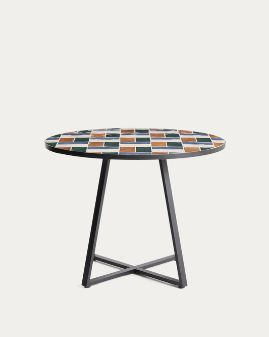 Table ronde Tella en acier galvanisé graphite et carreaux multicolores Ø120 cm