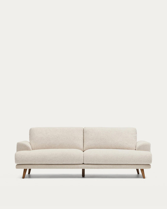 Karin beige 3-seater sofa with solid beech wood legs in walnut-tone finish 231 cm