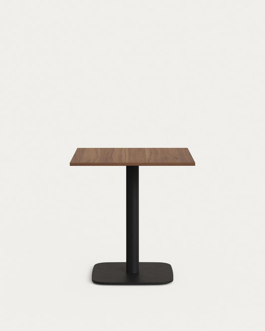 Table Dina mélamine finition  noyer avec pied en métal et finition peinte noire  70 x 70 x 70 cm