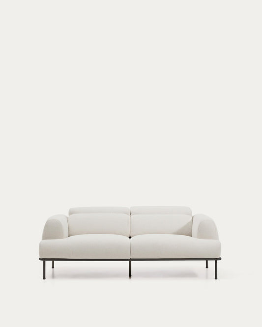 Aurum 2-seater sofa in ecru chenille with reclining headrest and matte grey metal base 214 cm FSC Mix Credit