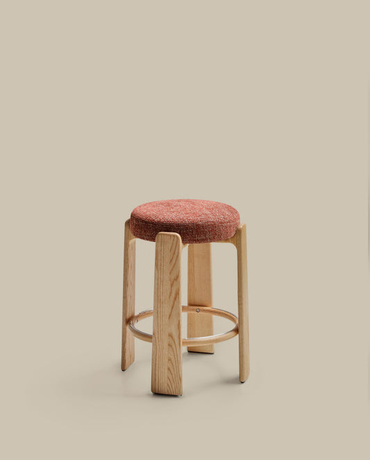 Granite stool in terracotta chenille and solid ash wood with a natural tone finish FSC 100% 65cm
