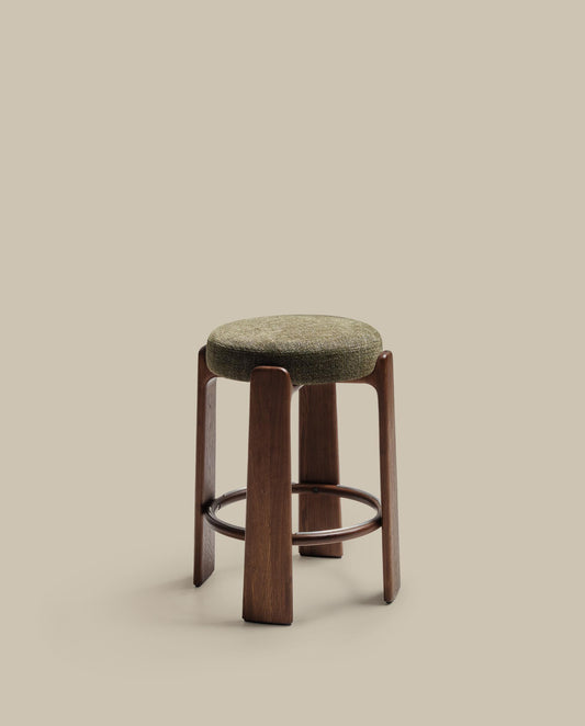 Granite stool in green chenille and solid ash wood with walnut-coloured finish FSC 100% 65cm