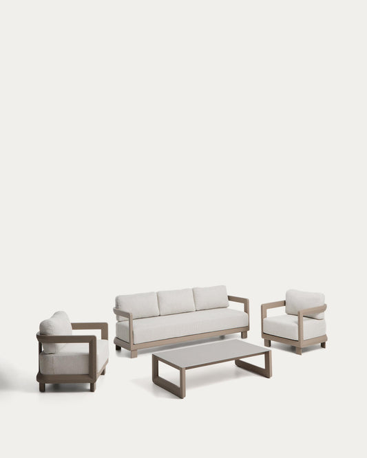 Set Nerano avec canapé 3 places, 2 fauteuils et table basse en verre trempé et aluminium taupe