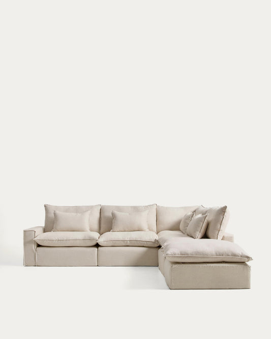 Anarela beige linen and viscose 6-seater modular corner sofa with removable cover 347 x 307 cm FSC Mix Credit
