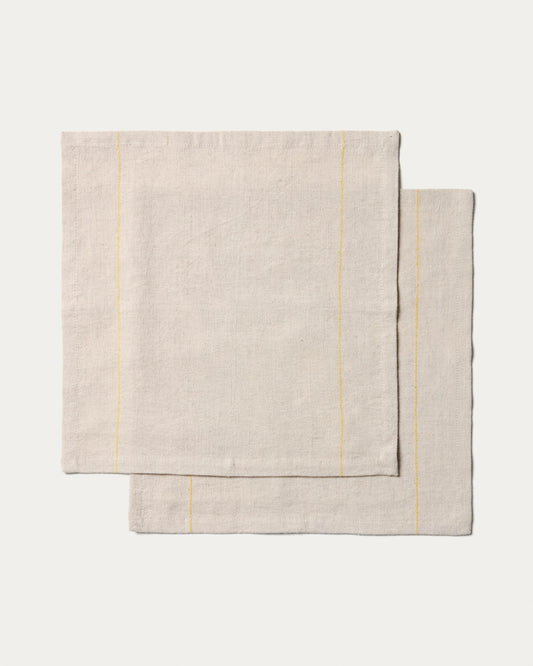 Ensemble Ulaen de 2 serviettes en coton et lin beige à rayures jaunes 35 x 35 cm
