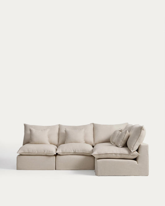 Anarela 4-seater modular corner sofa with removable covers in beige linen and viscose 287 x 197cm / 197 x 287cm FSC Mix Credit