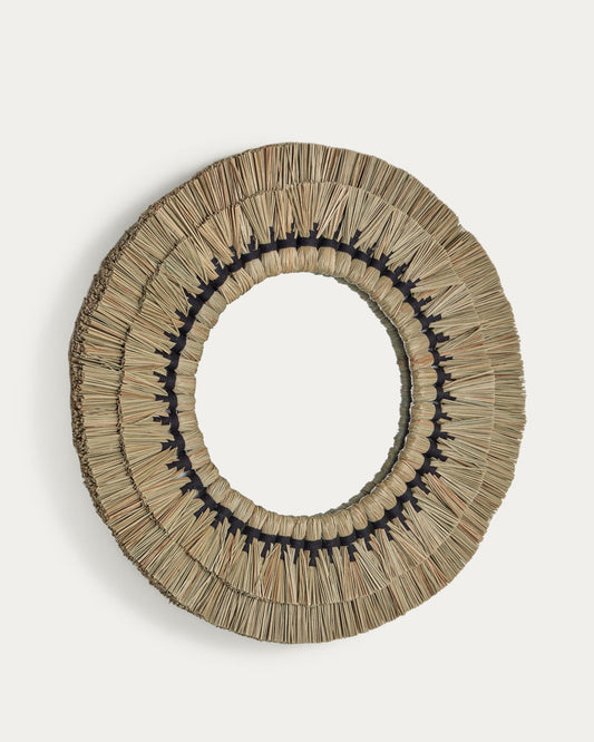 Akila round mirror made from beige natural fibres and black cotton cord, 60 cm