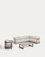 Set Nerano avec canapé d’angle 5 places, fauteuil et table basse en verre trempé et aluminium taupe