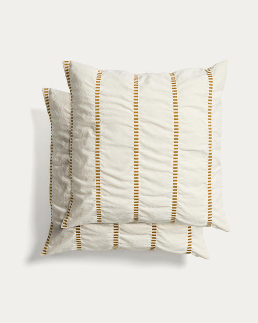 Ensemble Lidala de 2 housses de coussin 100 % coton jacquard rayures moutarde 50 x 50 cm