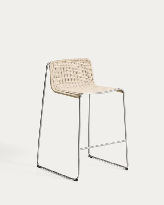 Tabouret empilable Tavari en corde synthétique beige et acier inoxydable AISI 304 effet brossé 75 cm