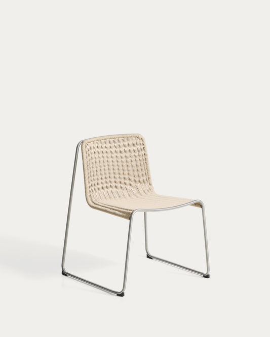 Chaise empilable Tavari en corde synthétique beige et acier inoxydable AISI 304 effet brossé