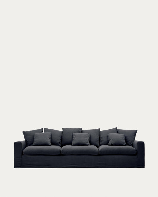 Nora 4-seater sofa with removable cover with linen and cotton cushions in anthracite grey 340cm