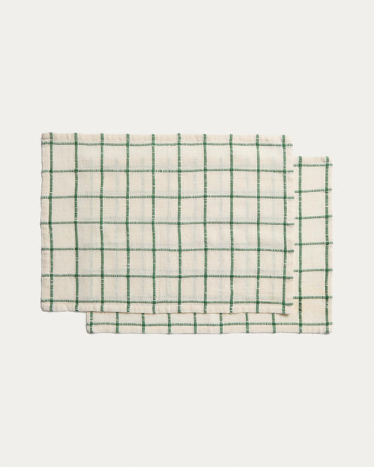 Ensemble Adesta de 2 sets de table en coton 100 % écru à carreaux verts 35 x 50 cm