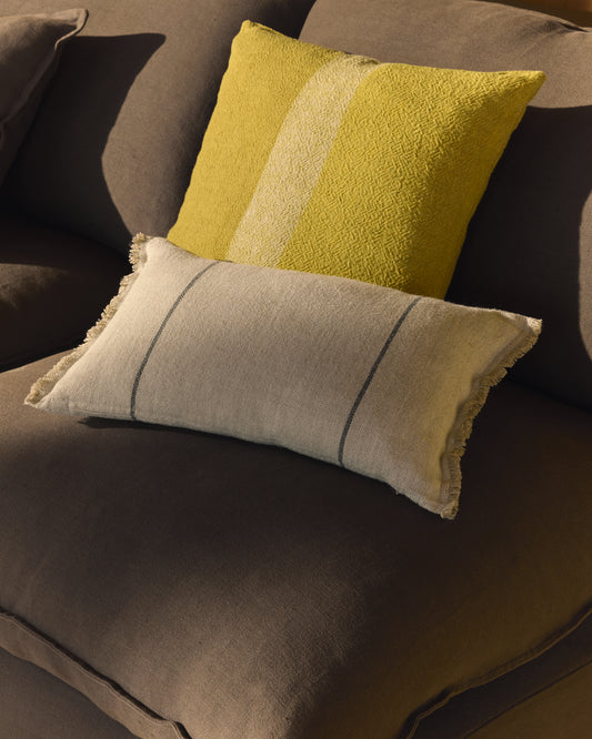 Housse de coussin Lidore en lin beige à rayures contrastées vertes 30 x 50 cm