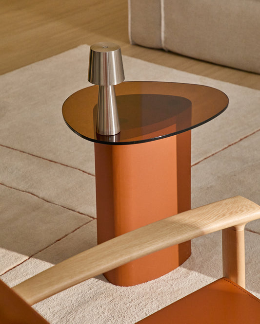 Table d’appoint Olir en verre trempé et acier marron 48 x 46,8 cm