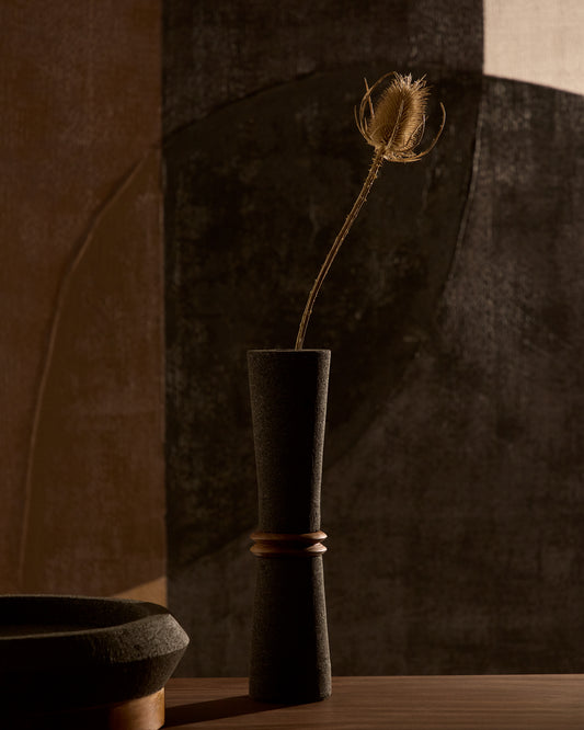 Vase Naro en pierre noire et bois de teck 30 cm