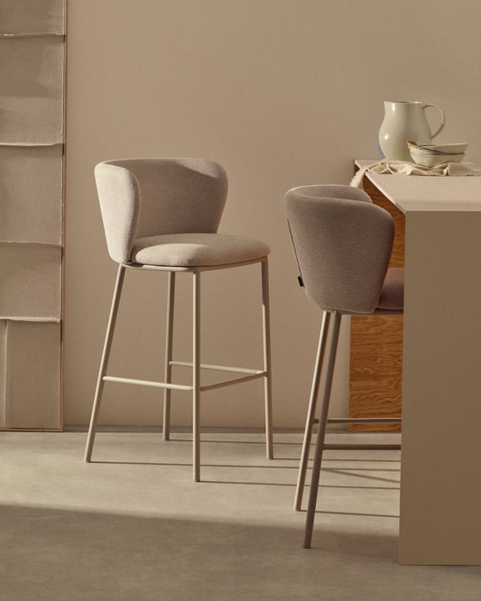 Tabouret Ciselia en tissu chenille beige et et acier beige hauteur 75 cm FSC Mix Credit