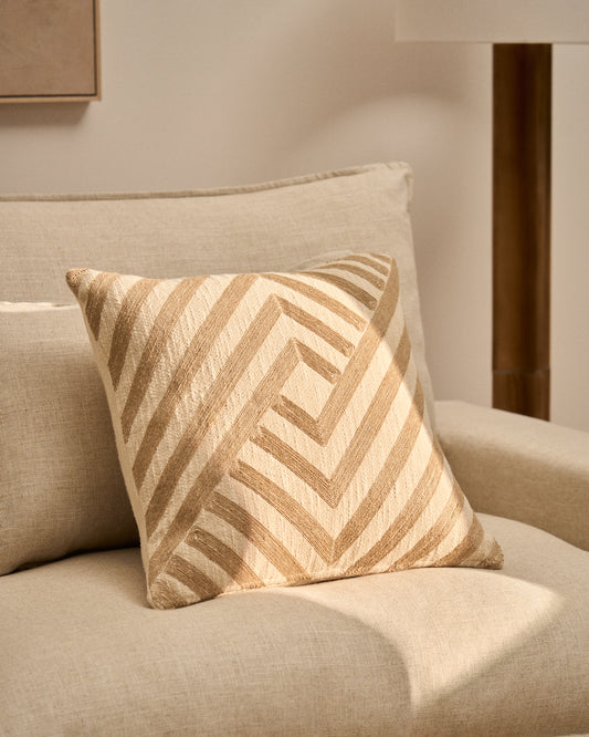 Housse de coussin Silume en coton écru avec broderie en jute beige 45 x 45 cm