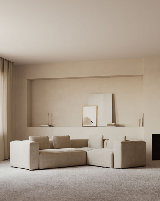 Canapé d’angle Blok 3 places en chenille beige 290 x 230 cm / 230 x 290 cm – Certifié FSC Mix Credit