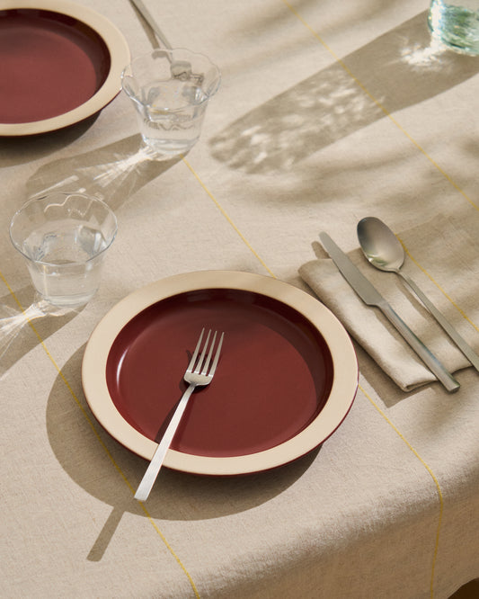 Nappe Ulaen en coton et lin beige à rayures jaunes 170 x 250 cm