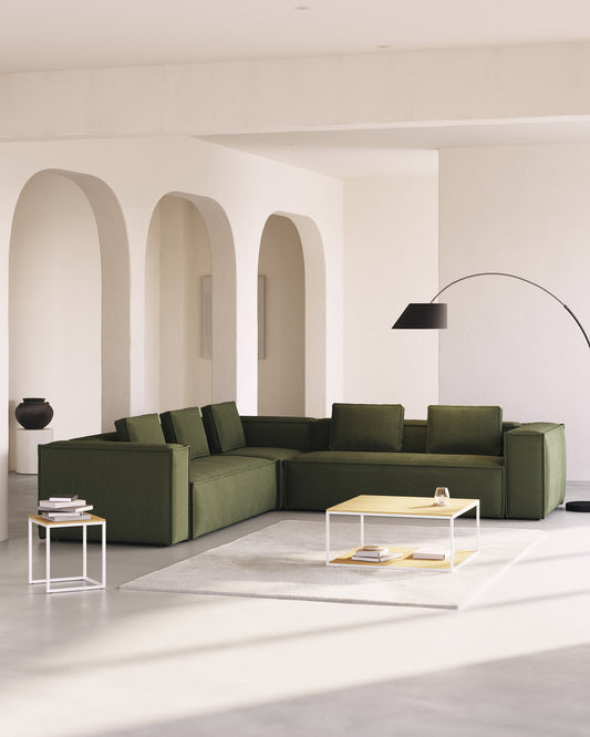 Canapé d’angle Blok 6 places en velours côtelé épais vert 320 x 320 cm – Certifié FSC Mix Credit