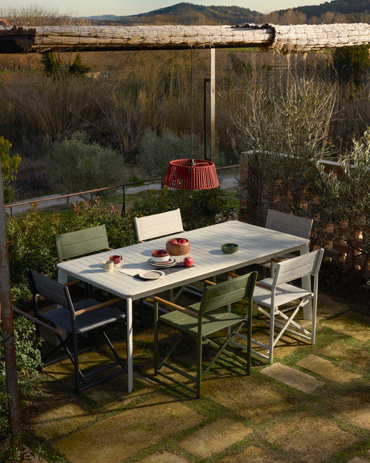 Ensemble table extensible Brela en aluminium écru et 6 chaises empilables Canea en aluminium écru et texteline beige 205(287)x100 cm