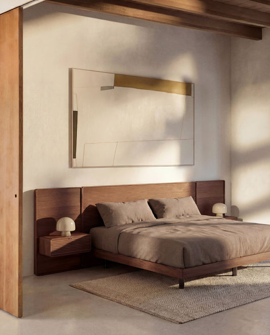 Norlen bed with 2 bedside tables in walnut veneer with dark finish and LED light for 160 x 200cm mattress FSC Mix Credit