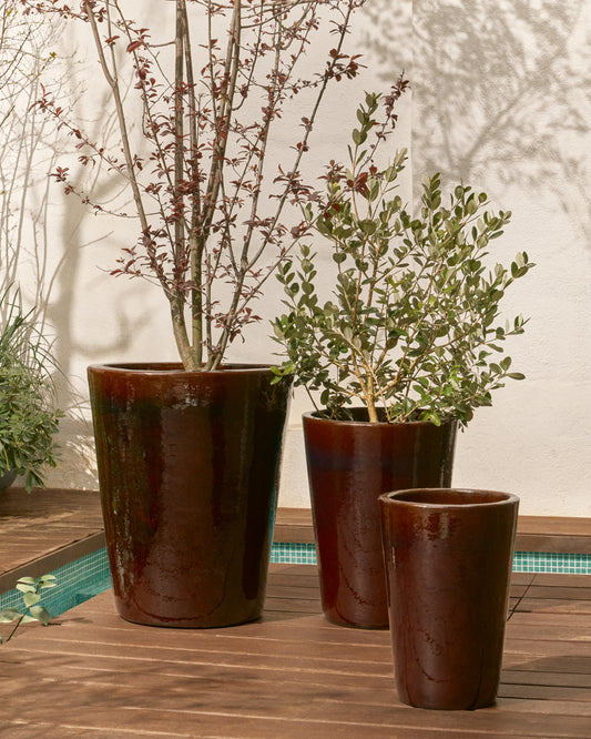 Ensemble Rotja de 3 pots de fleurs en terre cuite, finition grenat émaillée Ø 26 / 35 / 47 cm