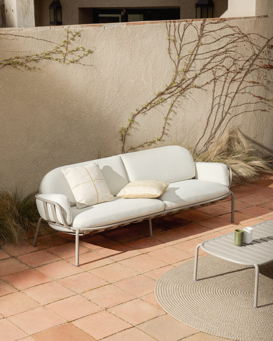 Canapé d’extérieur Joncols 3 places en aluminium avec finition peinte taupe et coussins beiges 224 cm