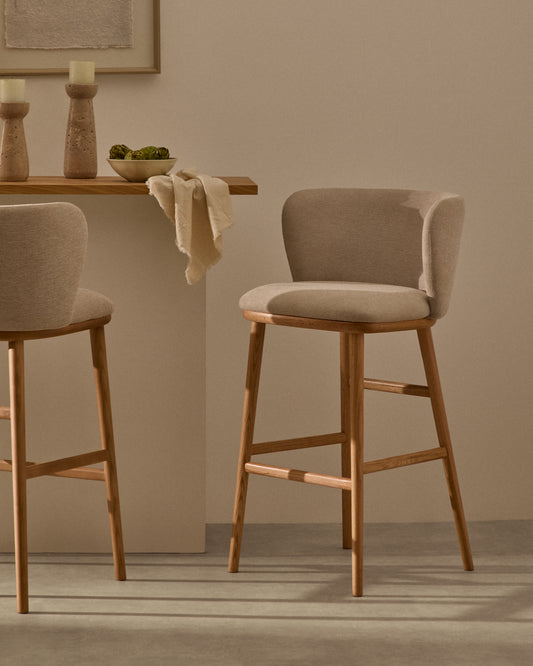 Tabouret Ciselia chenille beige et bois de frêne finition ton naturel FSC Mix Credit 65 cm