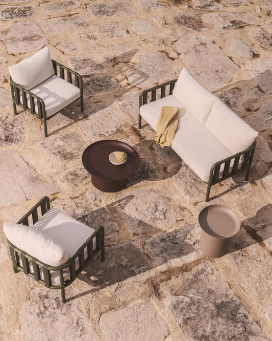 Ensemble Omala composé d’un canapé 2 places et 2 fauteuils en corde et aluminium vert