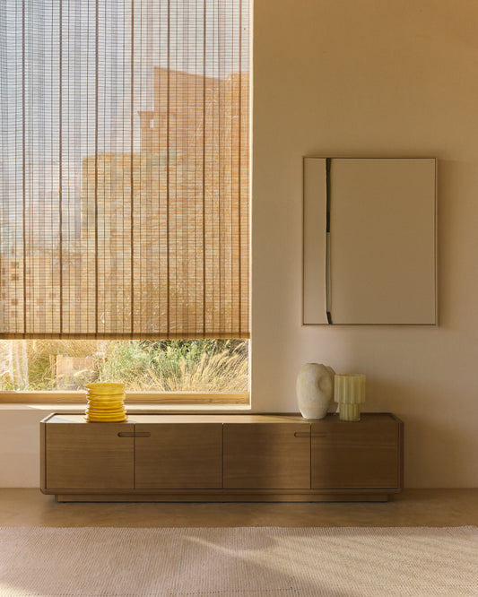 Meuble TV Arelida en placage et bois de chêne finition marron clair 200 x 44 cm FSC Mix Credit