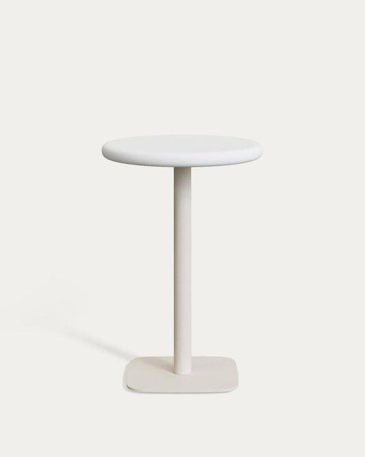 Table haute ronde d'extérieur Dina avec plateau en béton blanc Ø 70 cm et pied en acier blanc 48 x 48 x 96 cm