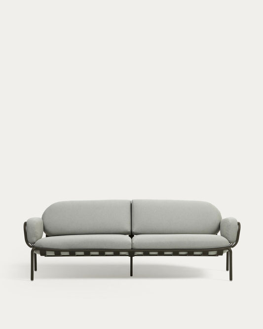 Canapé d’extérieur Joncols 3 places en aluminium avec finition peinte verte et coussins gris 224 cm