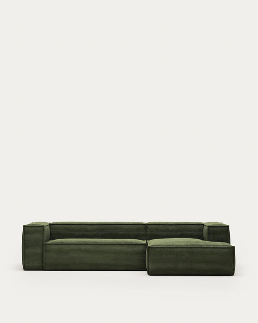 Canapé Blok 3 places en velours côtelé épais avec méridienne droite vert 300 cm – Certifié FSC Mix Credit