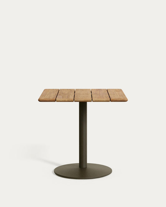 Table d'extérieur Esilda avec plateau en acacia FSC 100% 80 x 80 cm et pied en acier vert Ø 55 x 72 cm