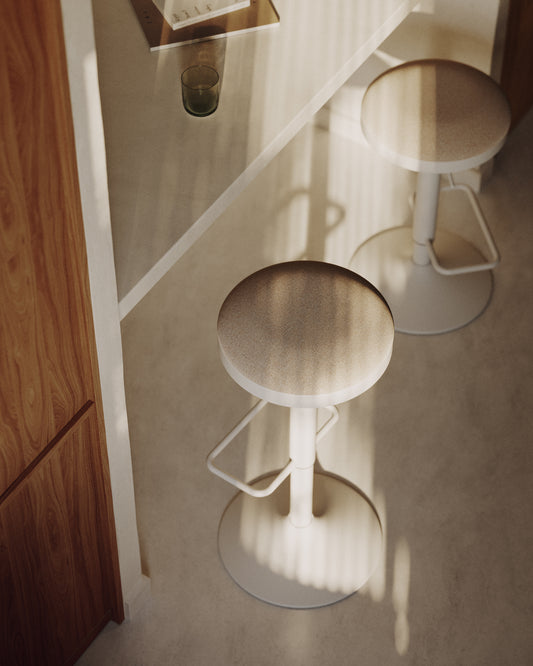 Tabouret Zaib en chenille beige et acier blanc mat hauteur 63-84 cm FSC 100%