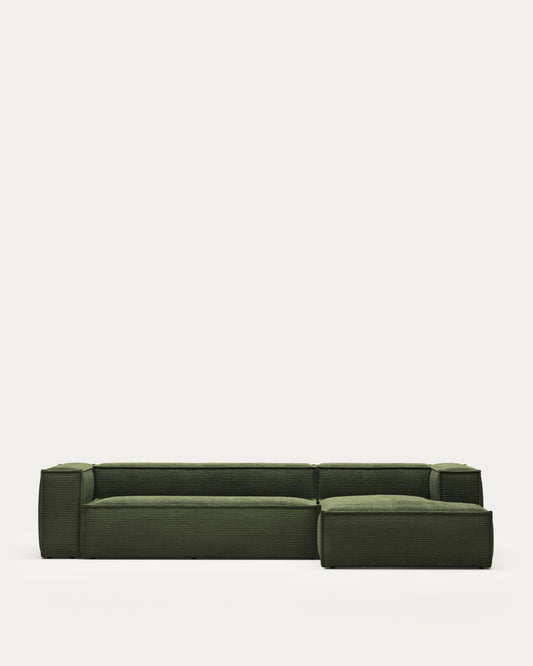 Canapé Blok 4 places en velours côtelé épais avec méridienne droite vert 330 cm – Certifié FSC Mix Credit