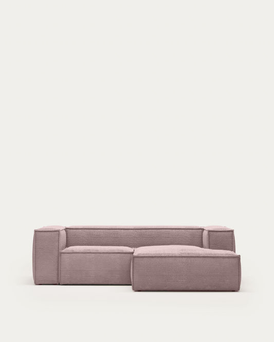 Canapé Blok 2 places méridienne droite en velours à grosses côtes rose 240 cm