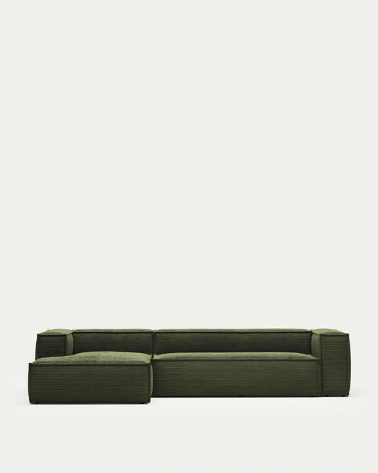 Canapé Blok 4 places en velours côtelé épais avec méridienne gauche vert 330 cm – Certifié FSC Mix Credit