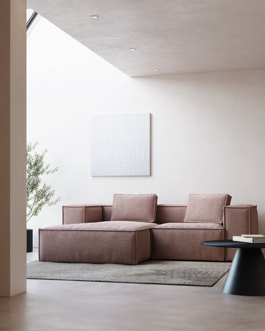 Canapé Blok 2 places en velours côtelé épais avec méridienne gauche rose 240 cm – Certifié FSC Mix Credit