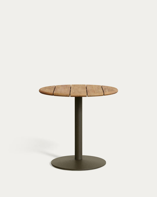 Table ronde d'extérieur Esilda avec plateau en acacia FSC 100% Ø 80 cm et pied en acier vert Ø 55 x 72 cm
