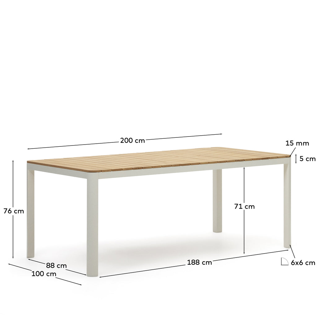Table 100% d'extérieur Bona bois de teck et aluminium finition blanche 200 x 100 cm
