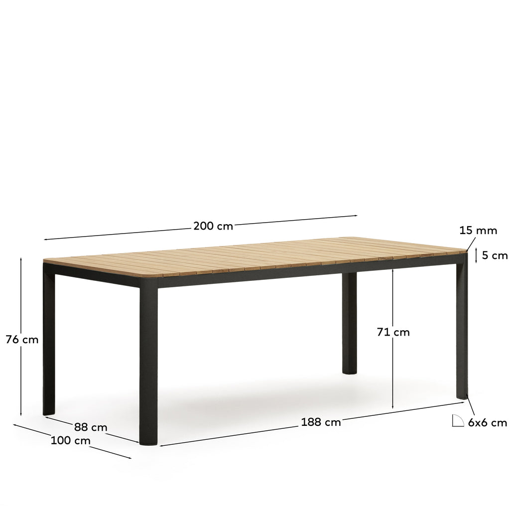 Table 100 % d'extérieur Bona bois de teck et aluminium finition noire 200 x 100 cm