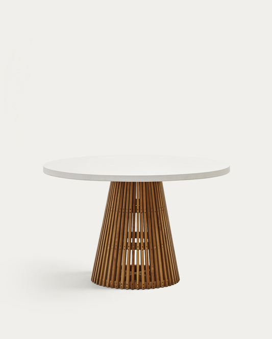 Table ronde d'extérieur Alcaufar en bois de teck et ciment blanc Ø 120 cm