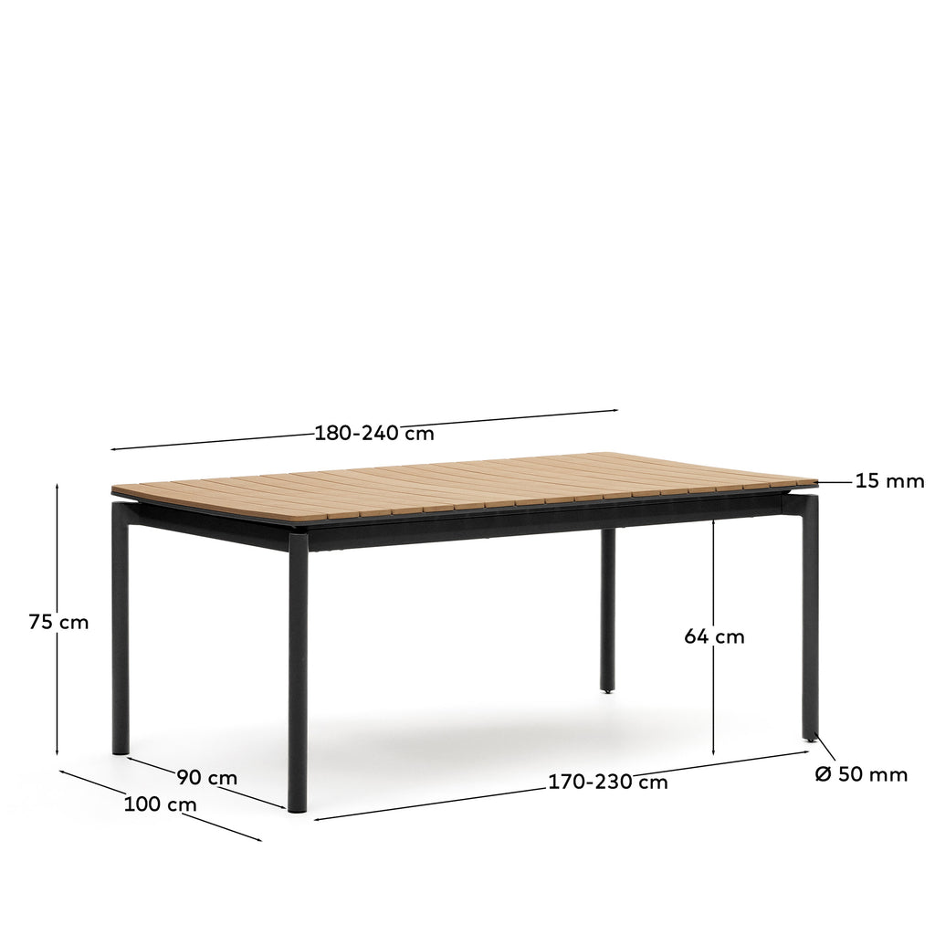 Table extensible de jardin Canyelles en bois d'œuvre en plastique et aluminium noir mat 180(240) x 100 cm