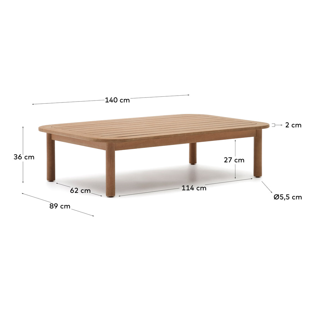 Table basse 100 % d'extérieur Sacova en bois d'eucalyptus 140 x 89 cm