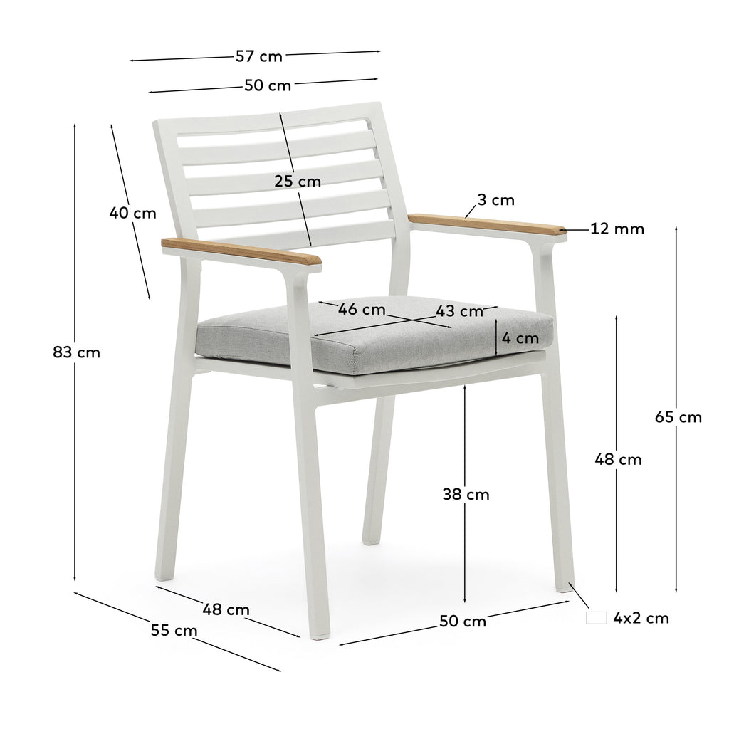 Chaise de jardin Bona aluminium finition blanche avec accoudoirs en bois de teck