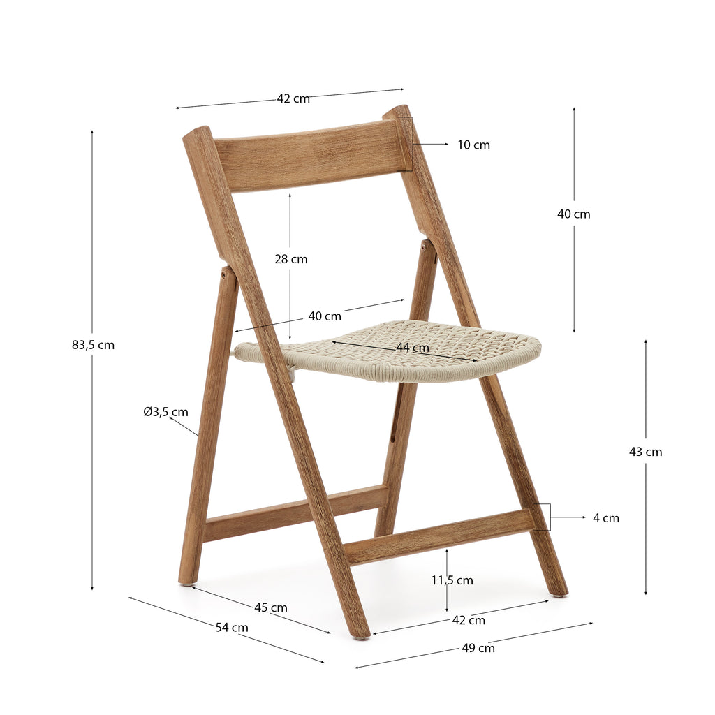 Dandara solid acacia wood folding chair, steel structure and white cord, FSC 100%