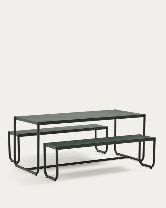 Ensemble Sotil de 2 bancs et table en acier galvanisé, finition verte 183 x 83 cm